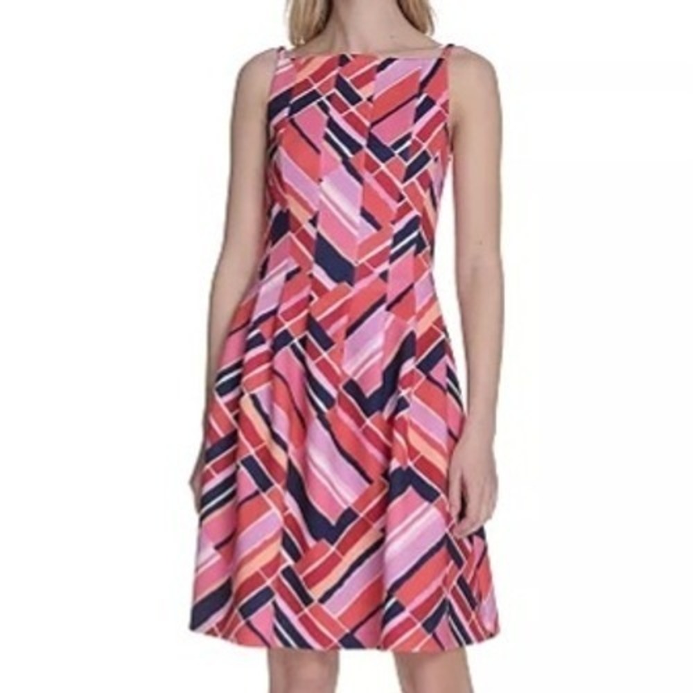 Vince Camuto Printed Scuba Sleeveless Fit & Flare Pink Dress Womens Size 14 NWT